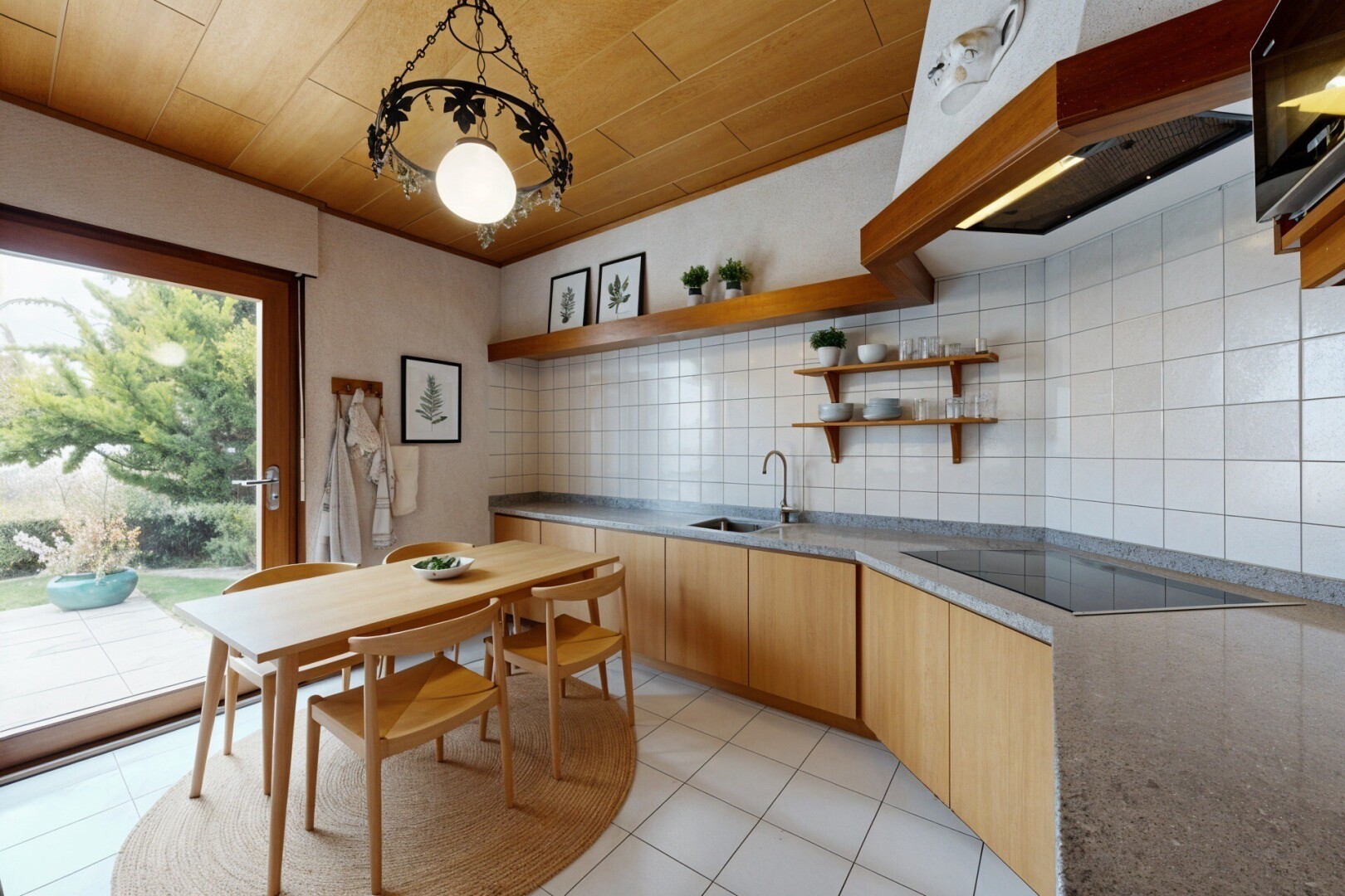cuisine avec armoires élevées, lumière naturelle, natural light, hotte, et plafond en bois
