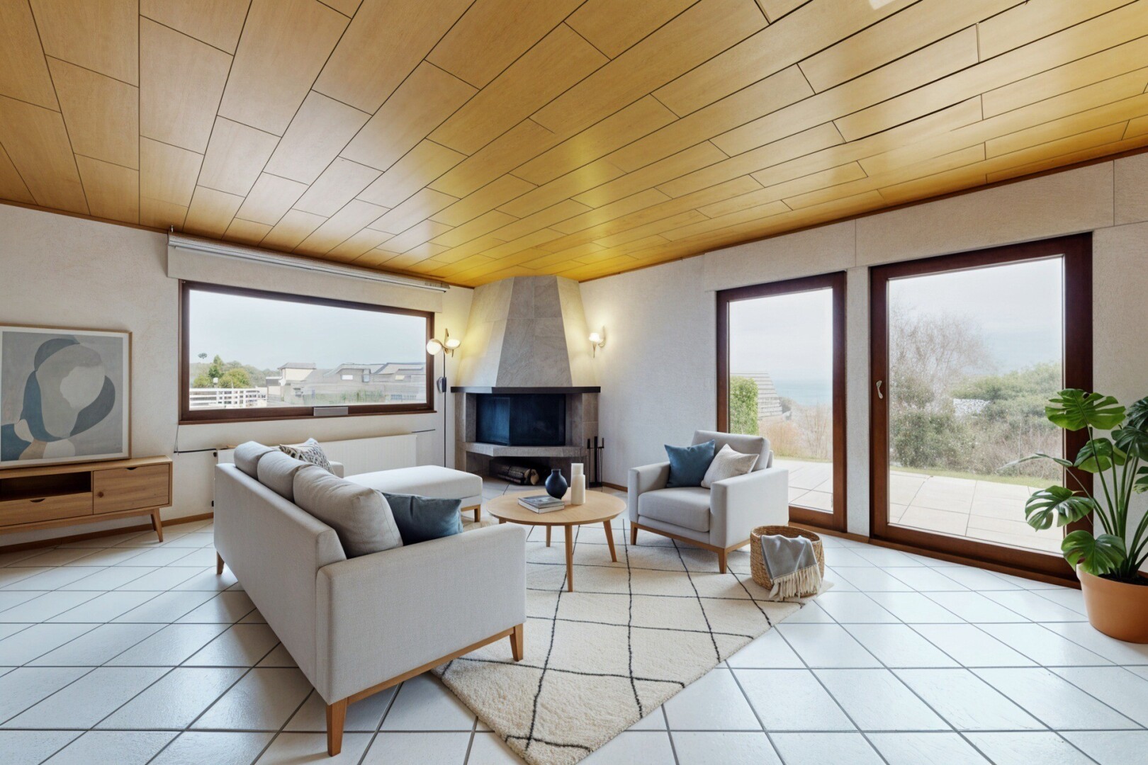 salon avec lumière naturelle, natural light, plafond en bois, wood ceiling, et radiateur