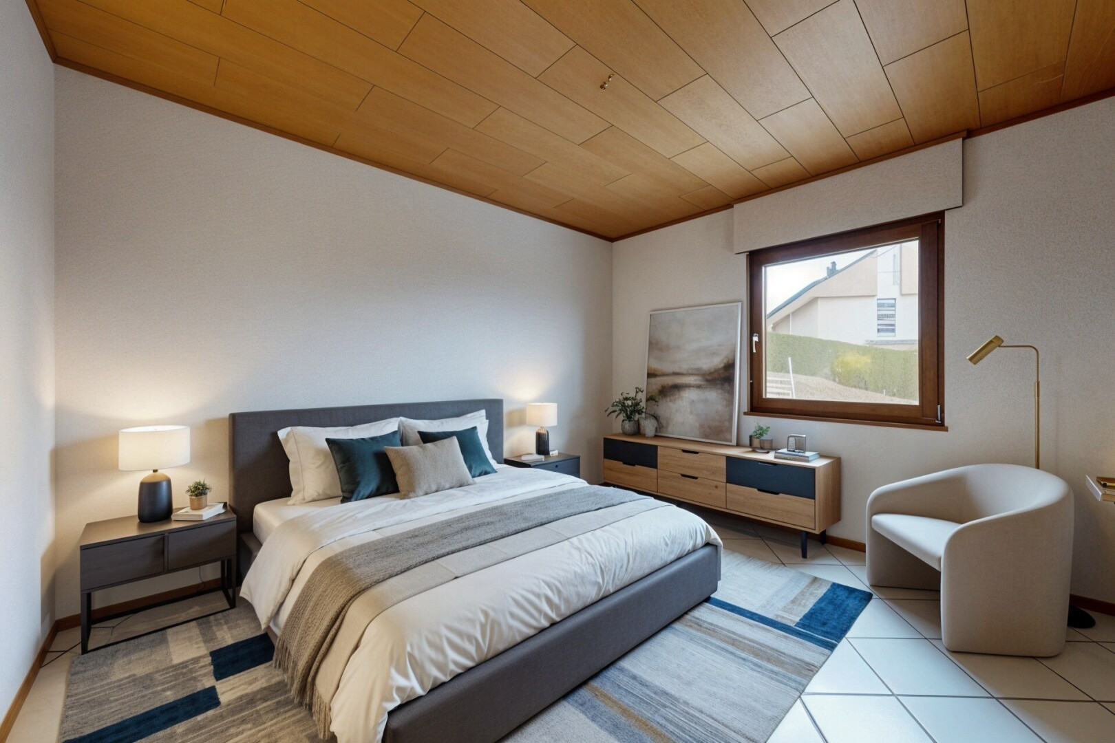 chambre avec plafond en bois, wood ceiling, radiateur, lumière naturelle, et natural light