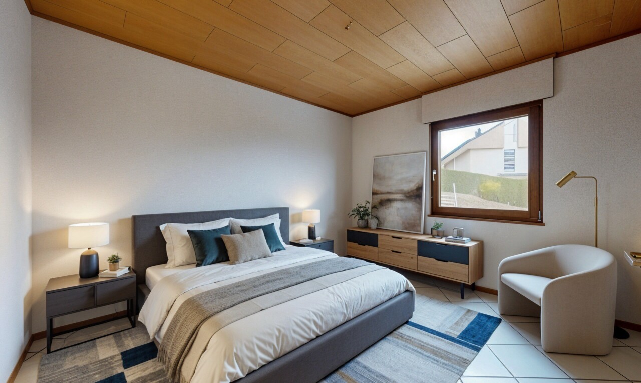 chambre avec plafond en bois, wood ceiling, radiateur, lumière naturelle, et natural light