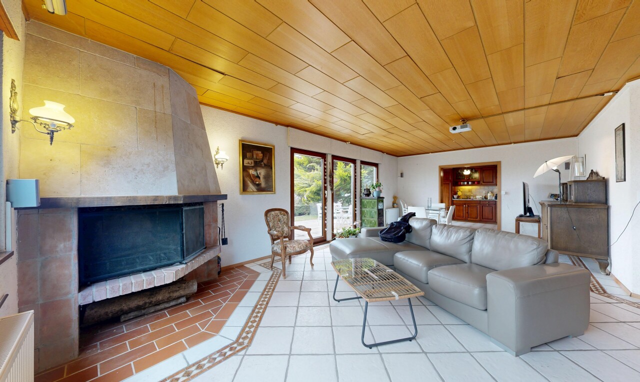 salon avec cheminée, plafond en bois, wood ceiling, lumière naturelle, et natural light