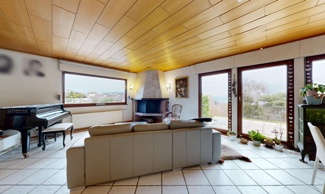 salon avec lumière naturelle, natural light, plafond en bois, wood ceiling, et radiateur