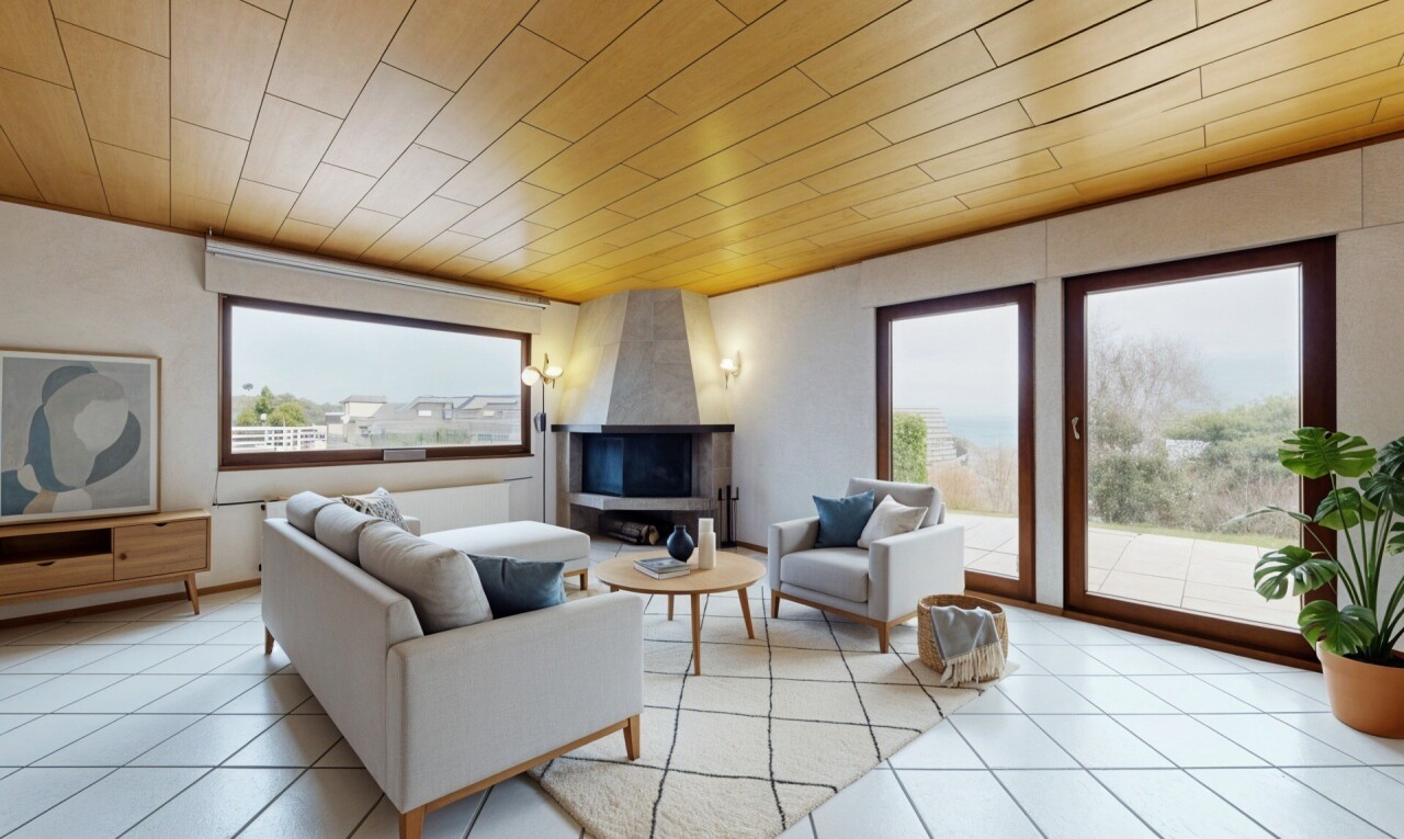 salon avec lumière naturelle, natural light, plafond en bois, wood ceiling, et radiateur