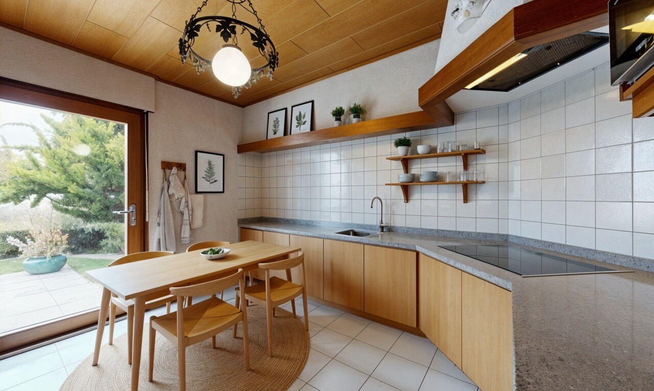 cuisine avec armoires élevées, lumière naturelle, natural light, hotte, et plafond en bois