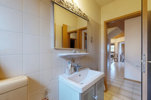 salle de bains avec miroir, toilette, lavabo (ou coiffeuse selon le contexte), mur en carrelage, et tile wall