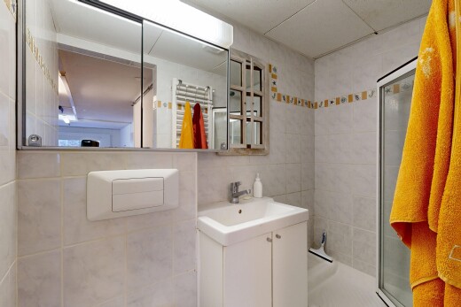 salle de bains avec chauffe-serviettes, salle de bain complète, lavabo (ou coiffeuse selon le contexte), miroir, et douche