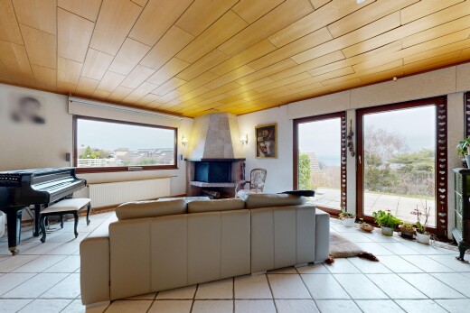 salon avec lumière naturelle, natural light, plafond en bois, wood ceiling, et radiateur