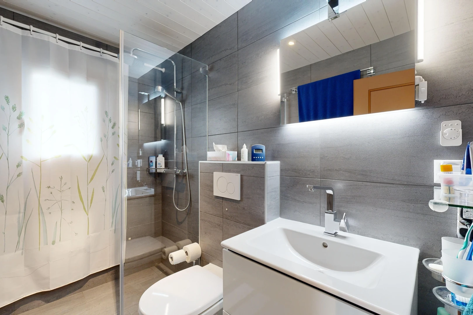 bad mit fliesenwand, spiegel, toilette, schminktisch, und dusche
