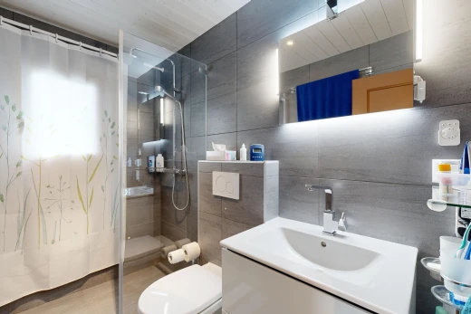 bad mit fliesenwand, spiegel, toilette, schminktisch, und dusche