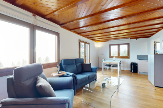 salon / salle à manger avec lumière naturelle, plancher de bois, et plafond de bois