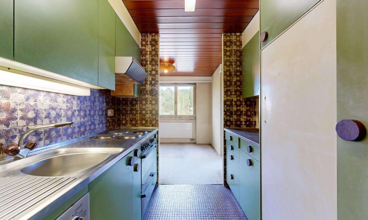 küche mit dunstabzugshaube, holzdecke, wood ceiling, grüne schränke, und green cabinets