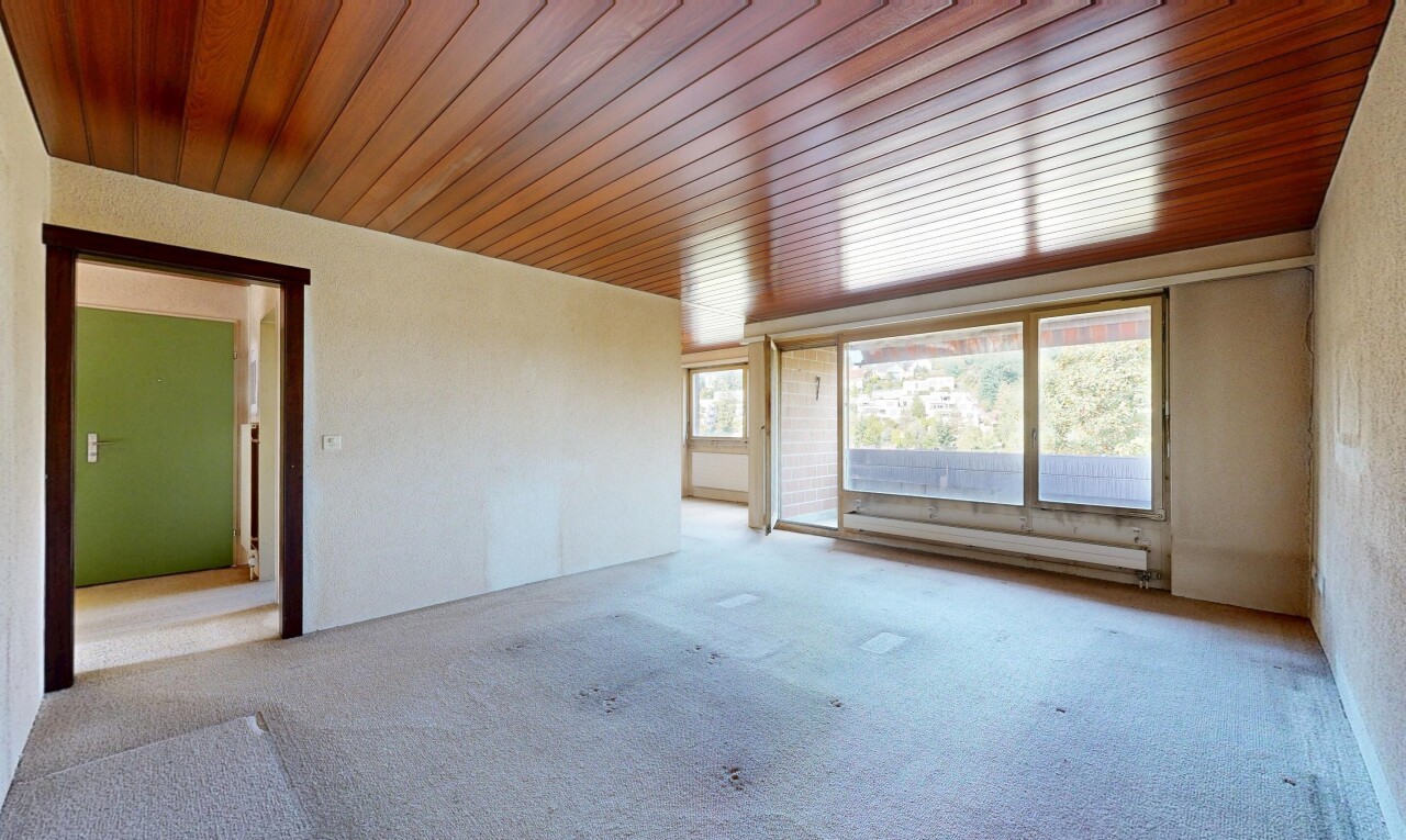 leerer raum mit wood ceiling, holzdecke, fußleistenheizung, carpet, und teppich