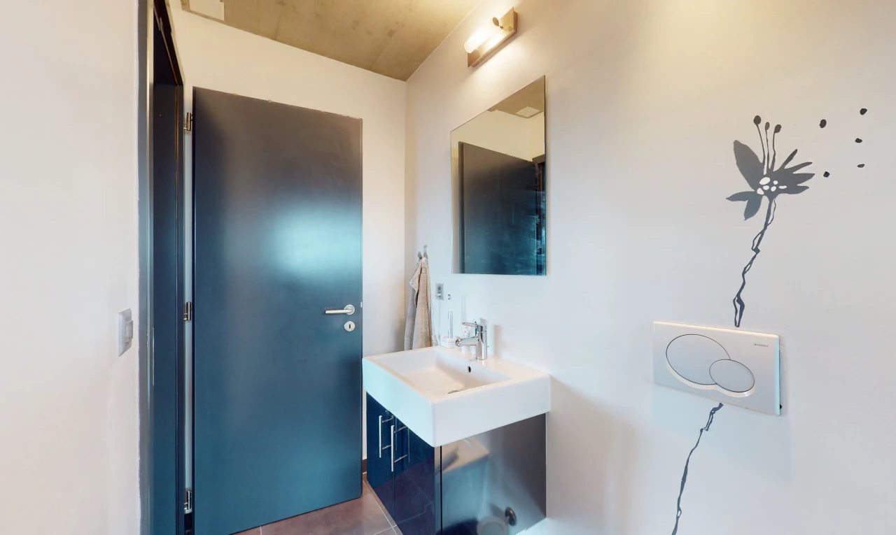 salle de bains avec vasque, meuble-lavabo, et miroir