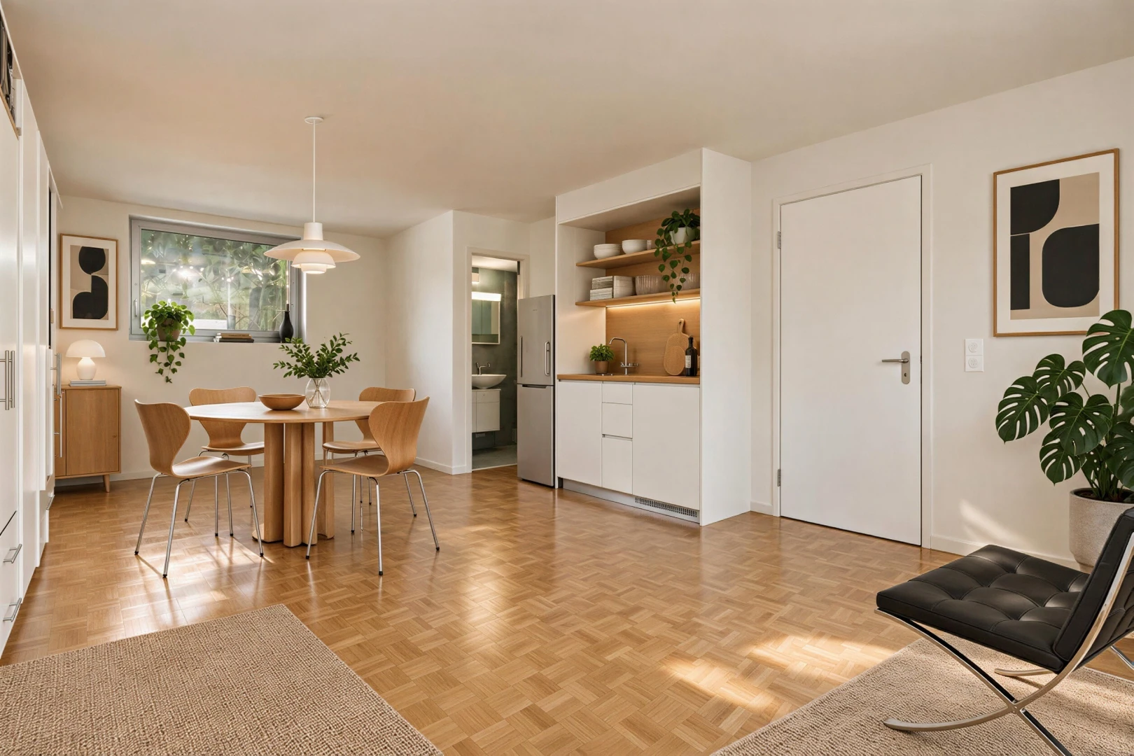 salle à manger avec éclairage suspendu, sol en finition bois, wood finish floor, cloison sèche, et drywall