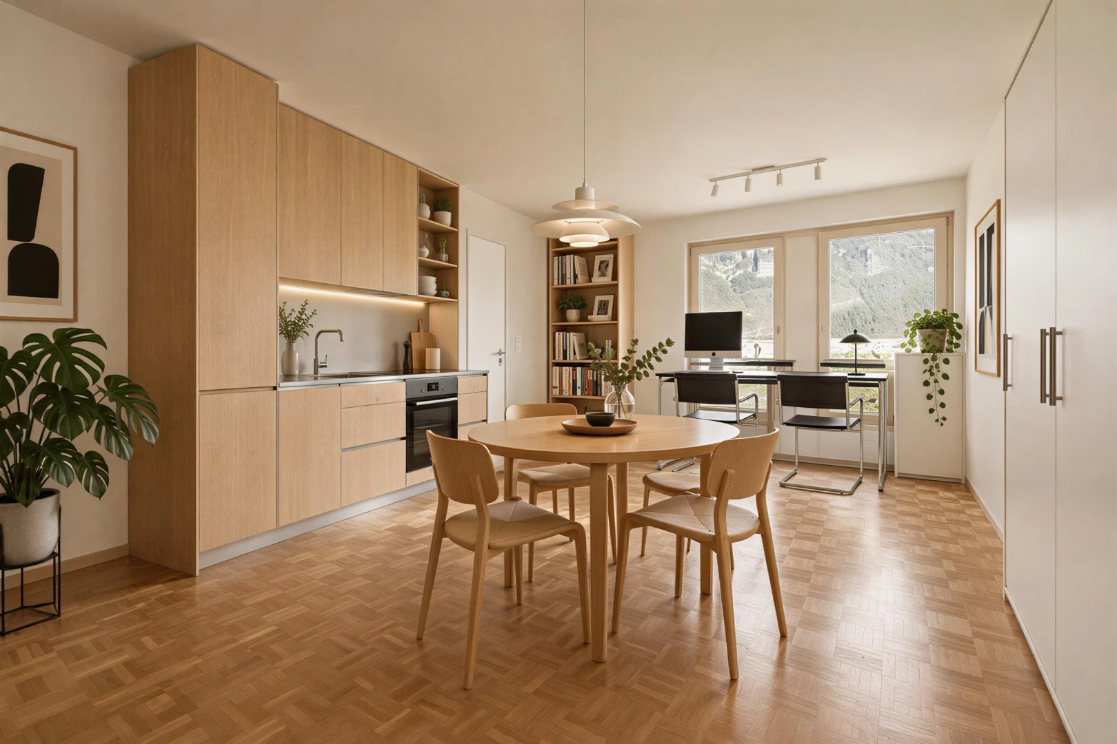 salle à manger avec éclairage sur rail, espace bureau, sol en finition bois, wood finish floor, et light floor