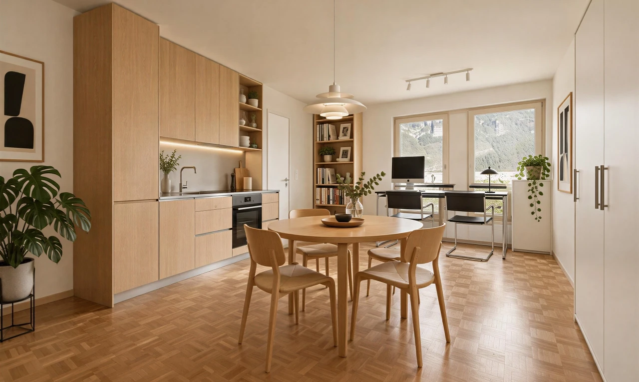 salle à manger avec éclairage sur rail, espace bureau, sol en finition bois, wood finish floor, et light floor