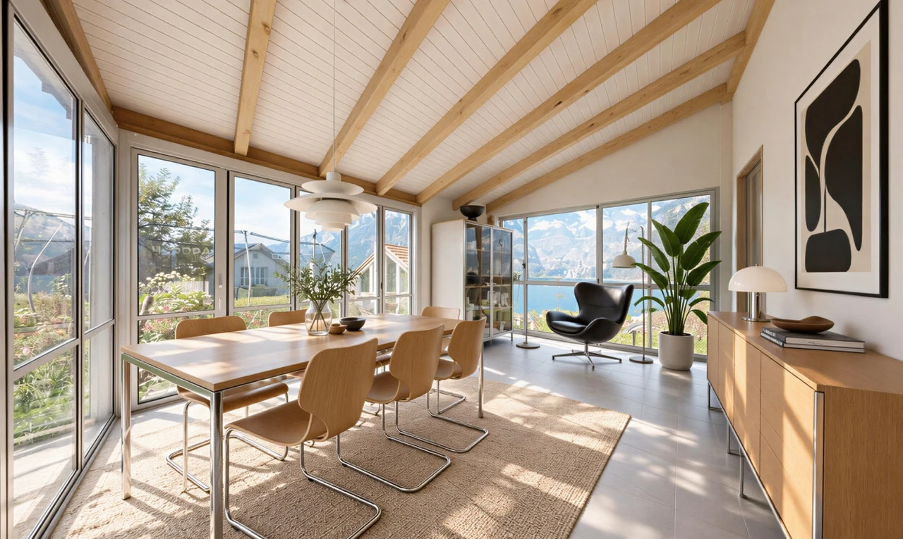 salle à manger avec vaulted ceiling, plafond voûté, lumière naturelle, high end ceiling, et beamed ceiling
