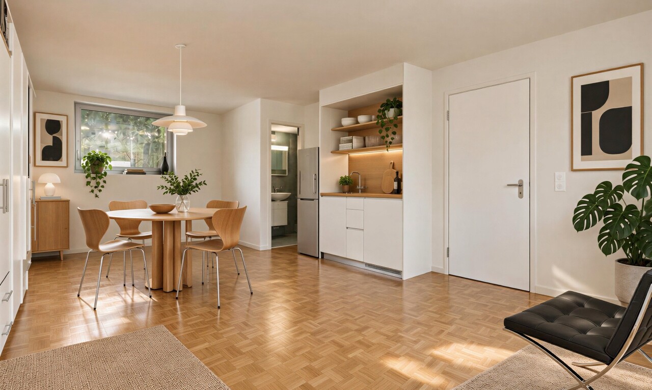 dining space with pendant lighting and parquet flooring