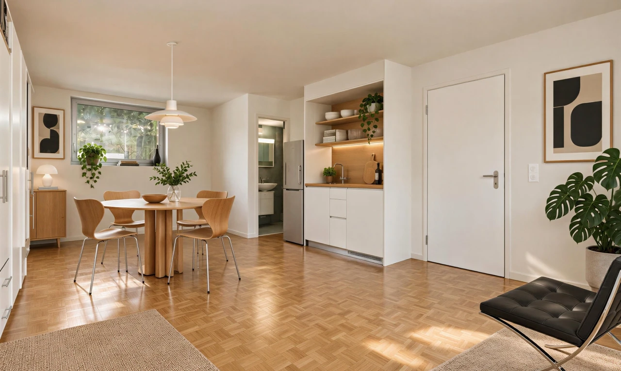 salle à manger avec éclairage suspendu, sol en finition bois, wood finish floor, cloison sèche, et drywall