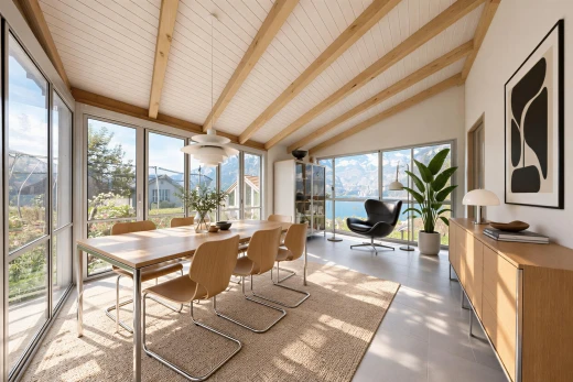 salle à manger avec vaulted ceiling, plafond voûté, lumière naturelle, high end ceiling, et beamed ceiling