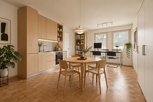 salle à manger avec éclairage sur rail, espace bureau, sol en finition bois, wood finish floor, et light floor
