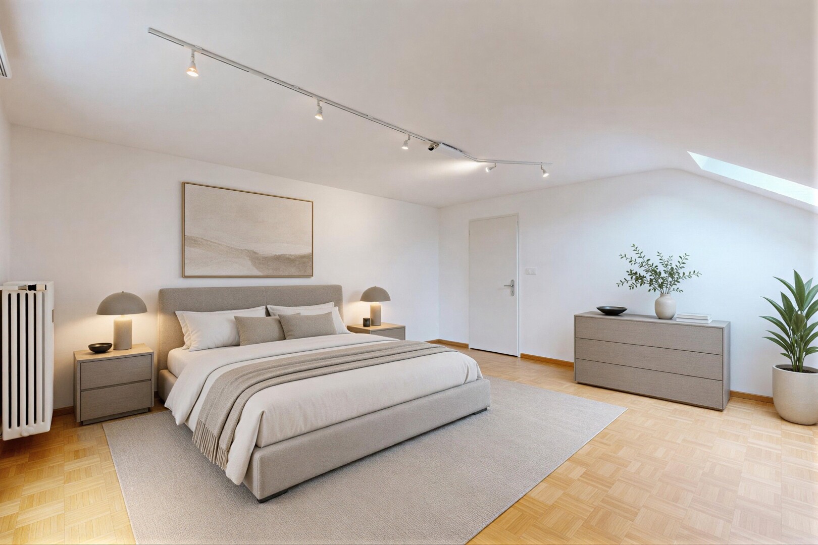 spare room featuring a skylight, parquet flooring, radiator heating unit, and rail lighting