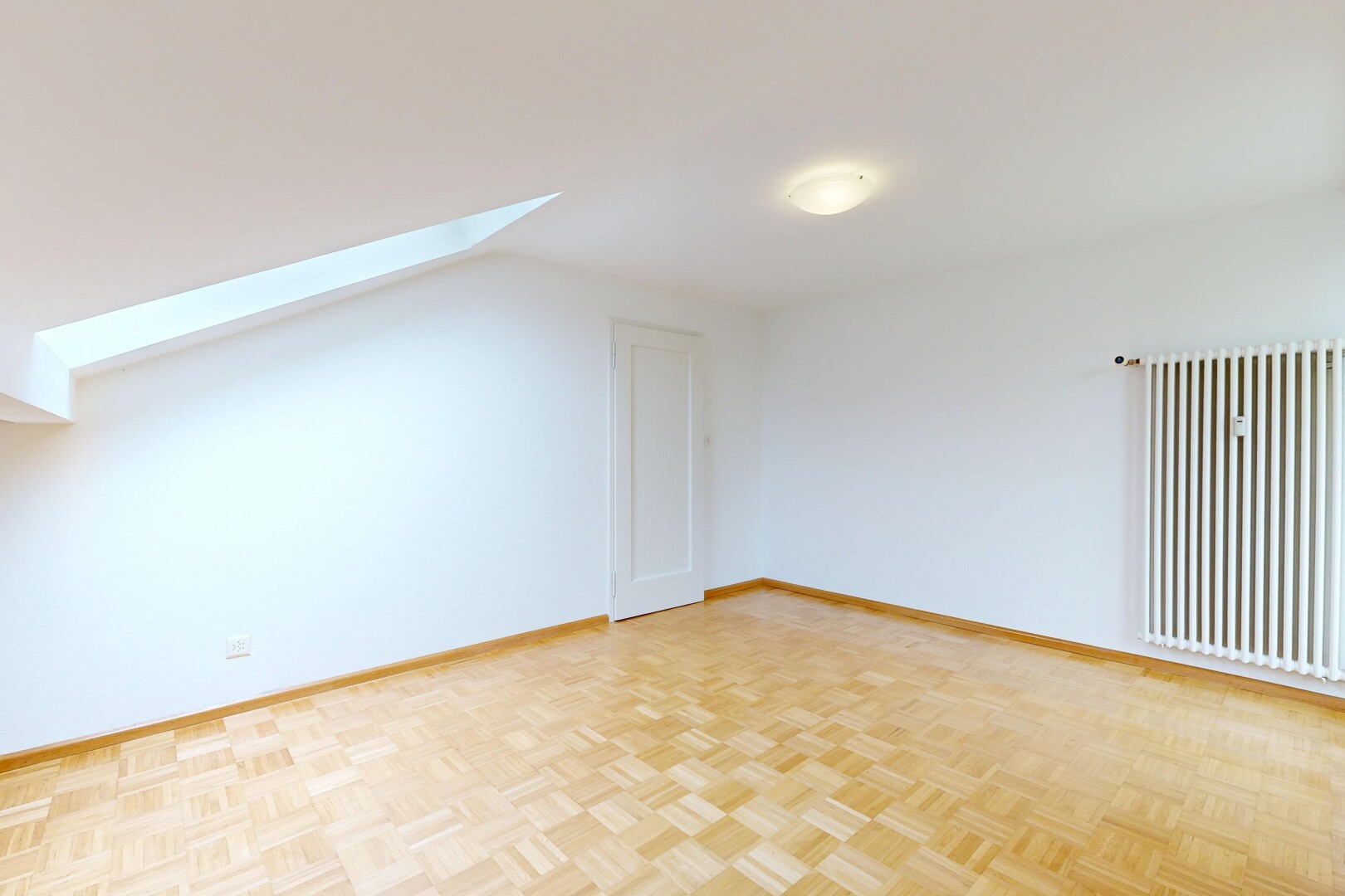spare room with a skylight, parquet floors, and radiator