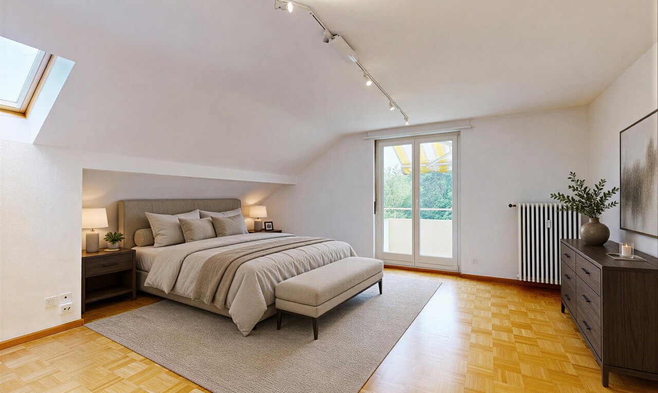 empty room featuring radiator, rail lighting, parquet flooring, a skylight, and lofted ceiling