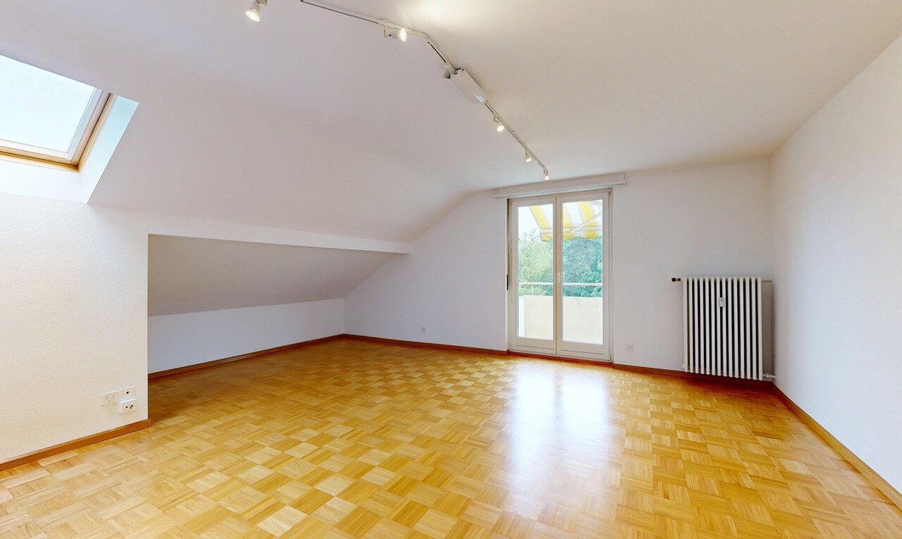 empty room featuring radiator, rail lighting, parquet flooring, a skylight, and lofted ceiling