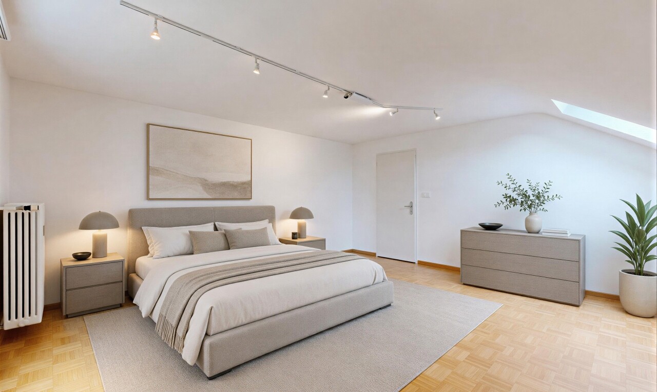 spare room featuring a skylight, parquet flooring, radiator heating unit, and rail lighting