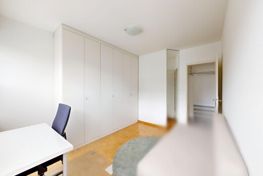 room / bedroom with an office area, parquet flooring, and a closet