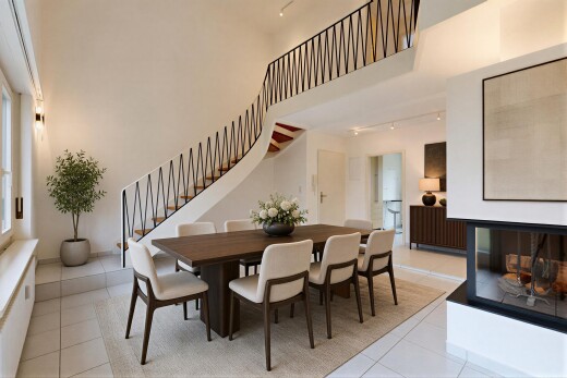 unfurnished living room with a high ceiling, rail lighting, and light tile patterned floors