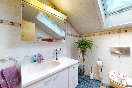 bad mit tile wall, fliesenwand, spiegel, toilette, und schminktisch