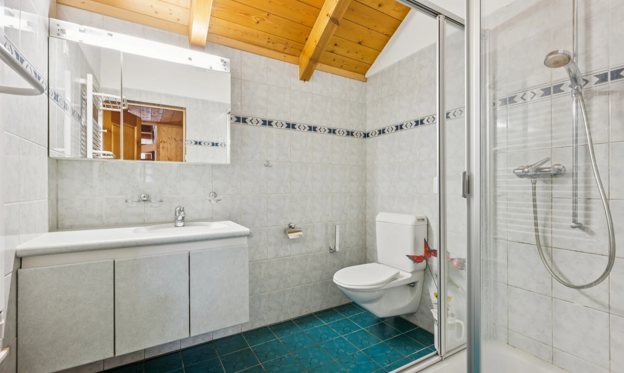 bad mit tile wall, fliesenwand, komplettes badezimmer, dusche, und schminktisch