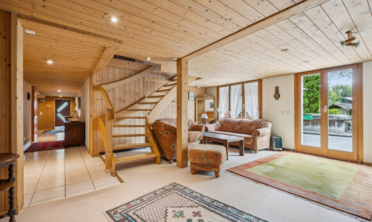 treppe mit außenzugang, einbauleuchten, treppen, wood ceiling, und holzdecke