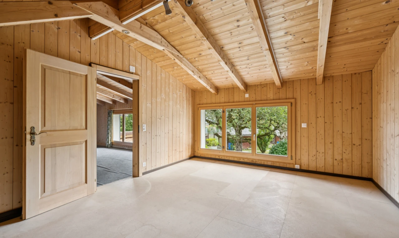 leerer raum mit wood wall, holzwand, vaulted ceiling, dachschräge, und dated wood wall
