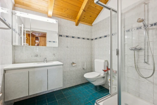 bad mit tile wall, fliesenwand, komplettes badezimmer, dusche, und schminktisch