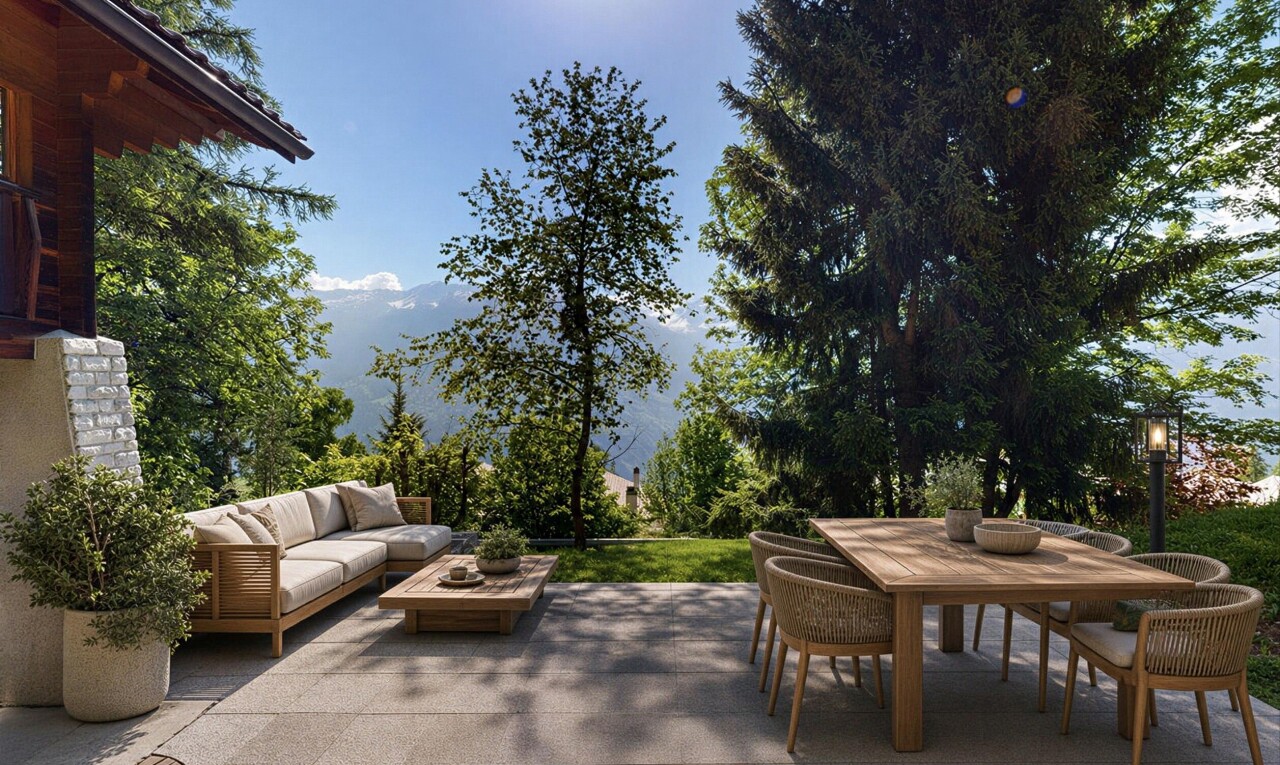 terrasse avec coin repas extérieur, from property, terrasse, et day time
