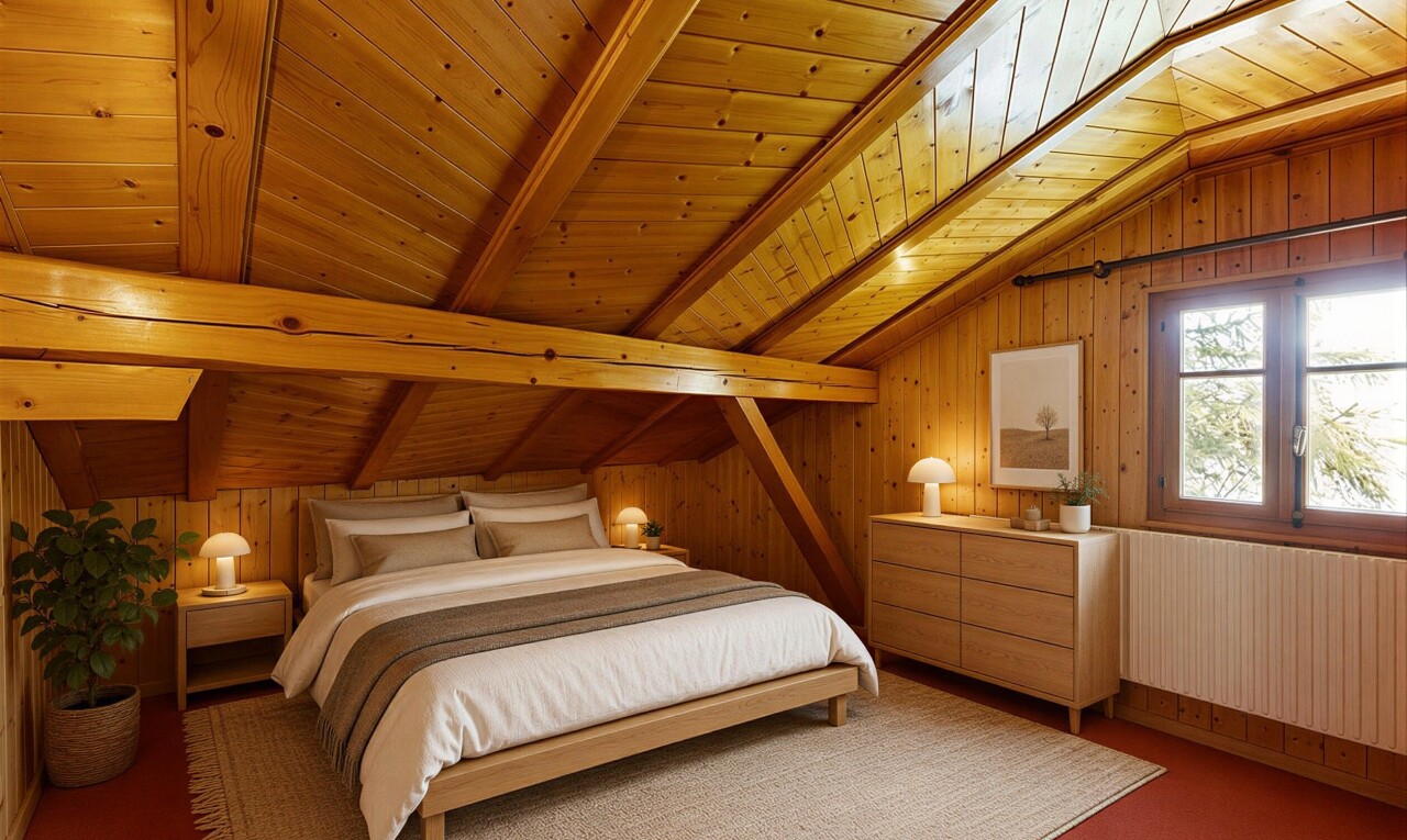 chambre avec wood wall, mur en bois, wood ceiling, plafond en bois, et pièce supplémentaire