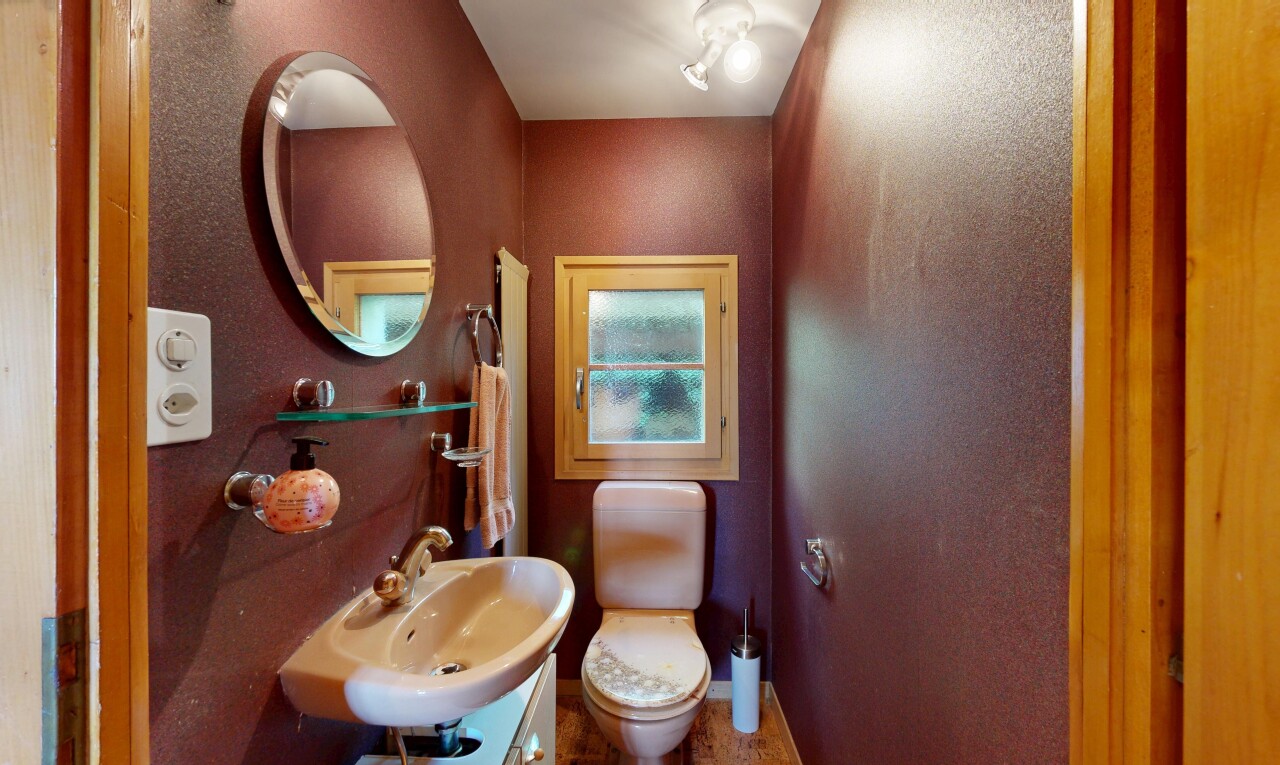 salle de bains avec toilette, miroir, évier, inside property, et baseboards wall