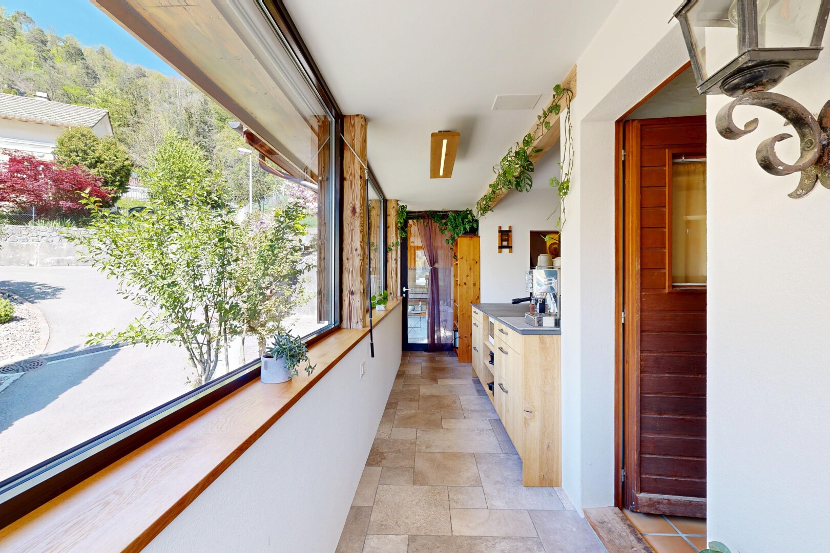 corridor with stone finish flooring