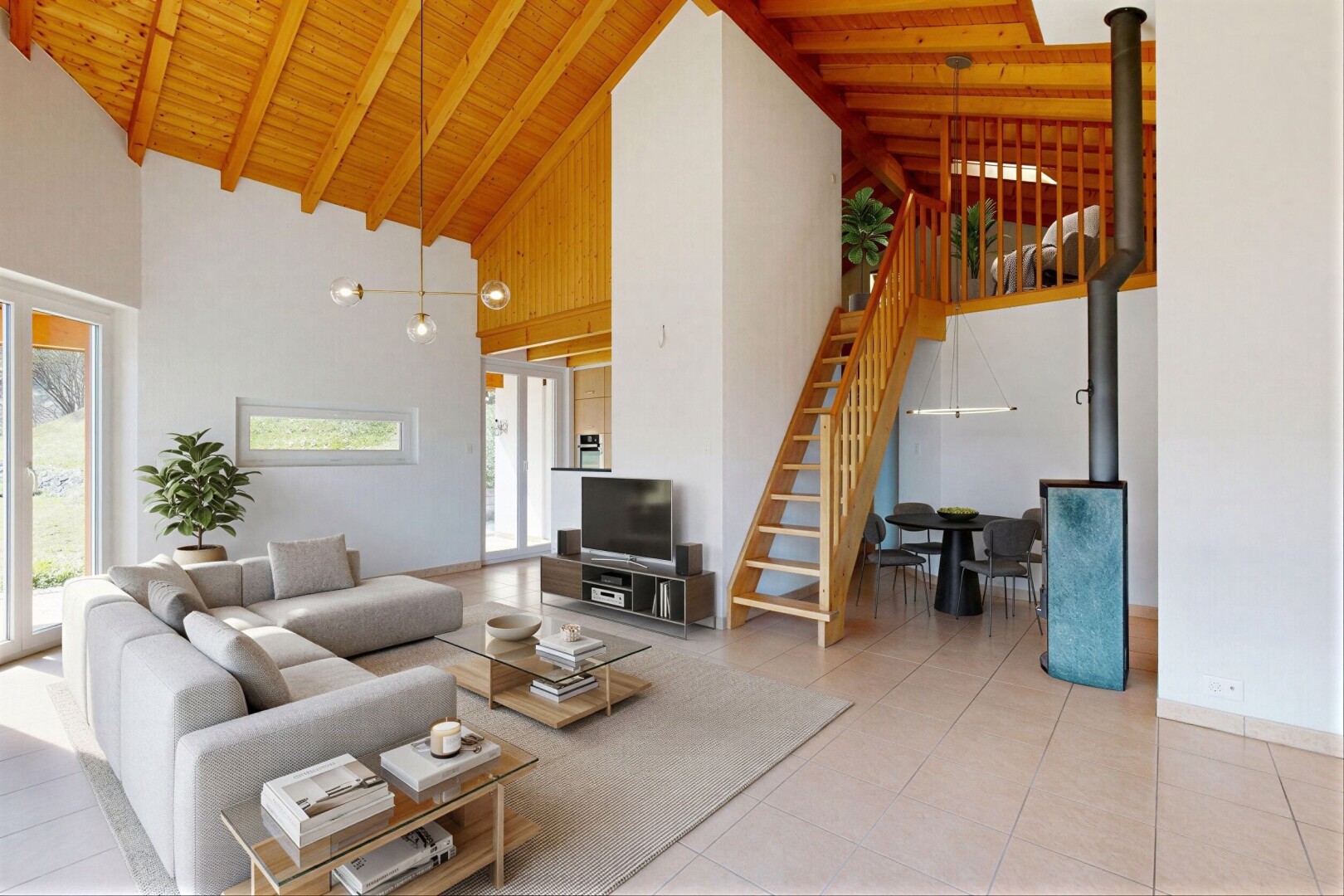 leerer raum mit hohe decke, high ceiling, dachschräge, vaulted ceiling, und holzdecke