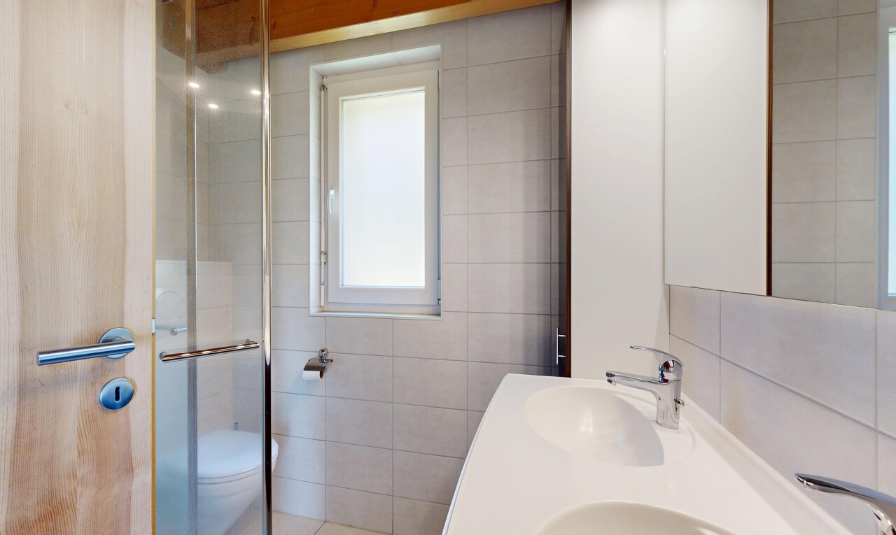 bad mit komplettes badezimmer, spiegel, doppelwaschtisch, dusche, und tile wall