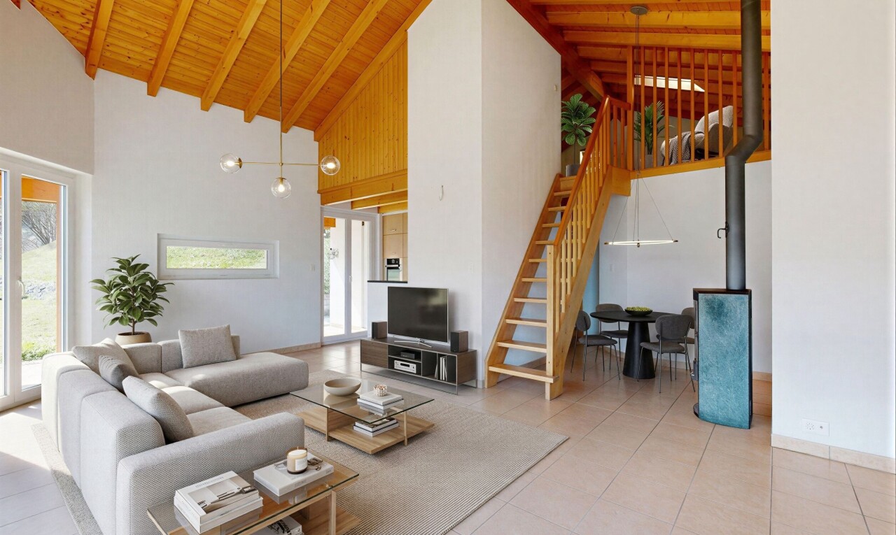leerer raum mit high ceiling, hohe decke, light floor, wood ceiling, und holzdecke