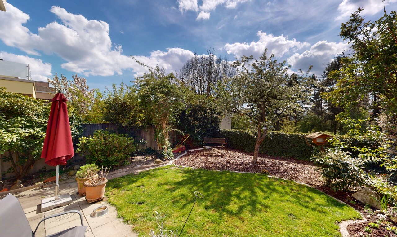 garten mit rasen, from property, day time, zaun, und terrasse