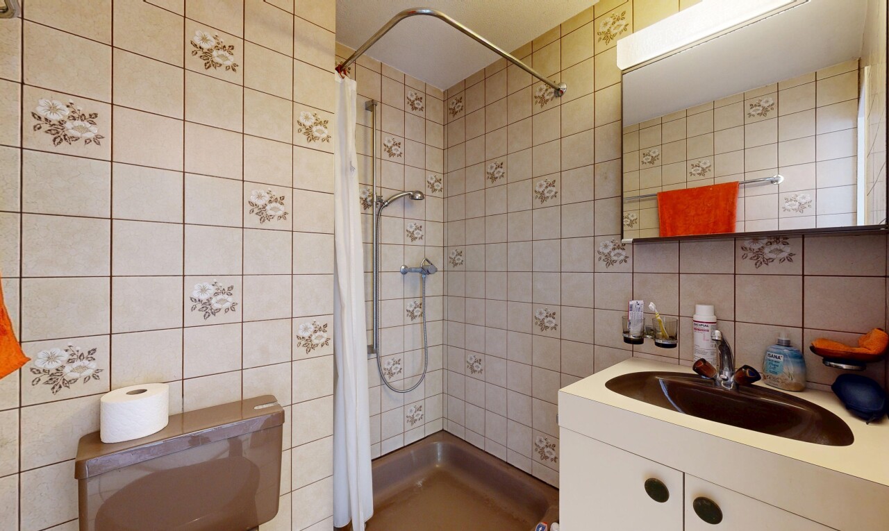 bad mit fliesenwand, tile wall, spiegel, dusche, und schminktisch