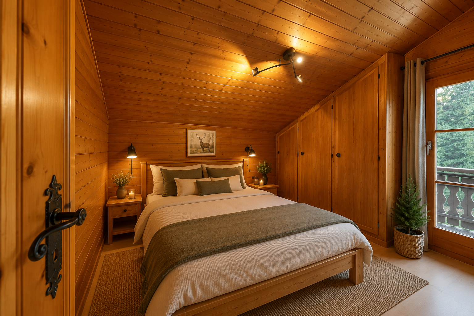 chambre avec plafond voûté, vaulted ceiling, dated wood wall, mur en bois, et wood wall