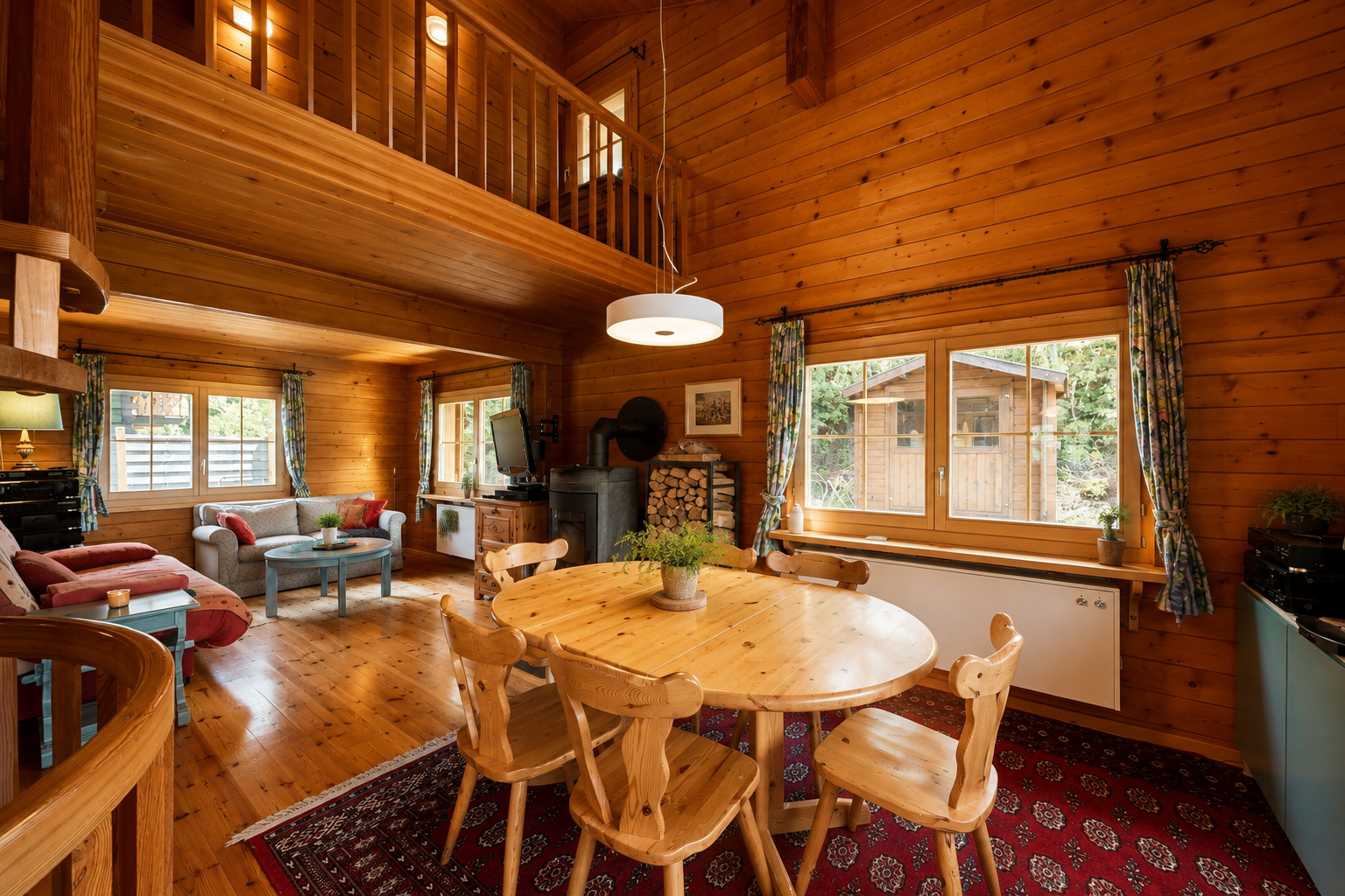 salle à manger avec high ceiling, plafond haut, wood wall, mur en bois, et dated wood wall