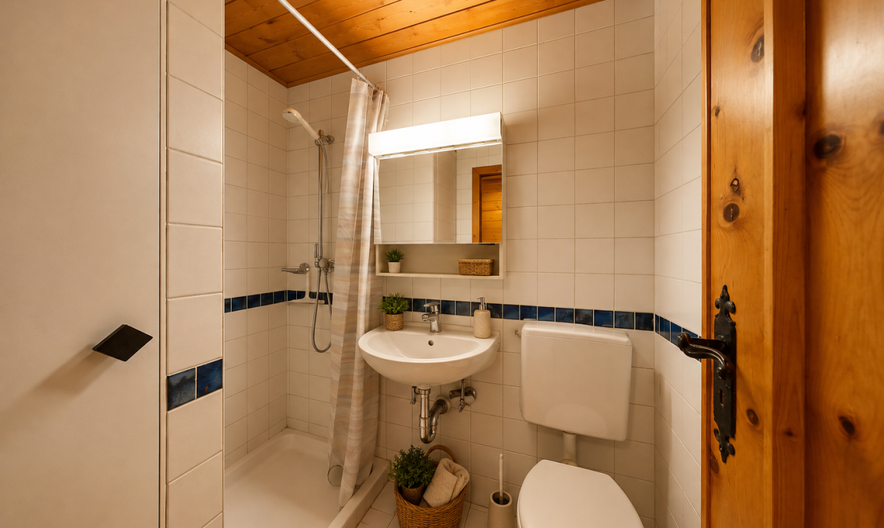 salle de bains avec mur en carrelage, tile wall, miroir, douche, et salle de bain complète