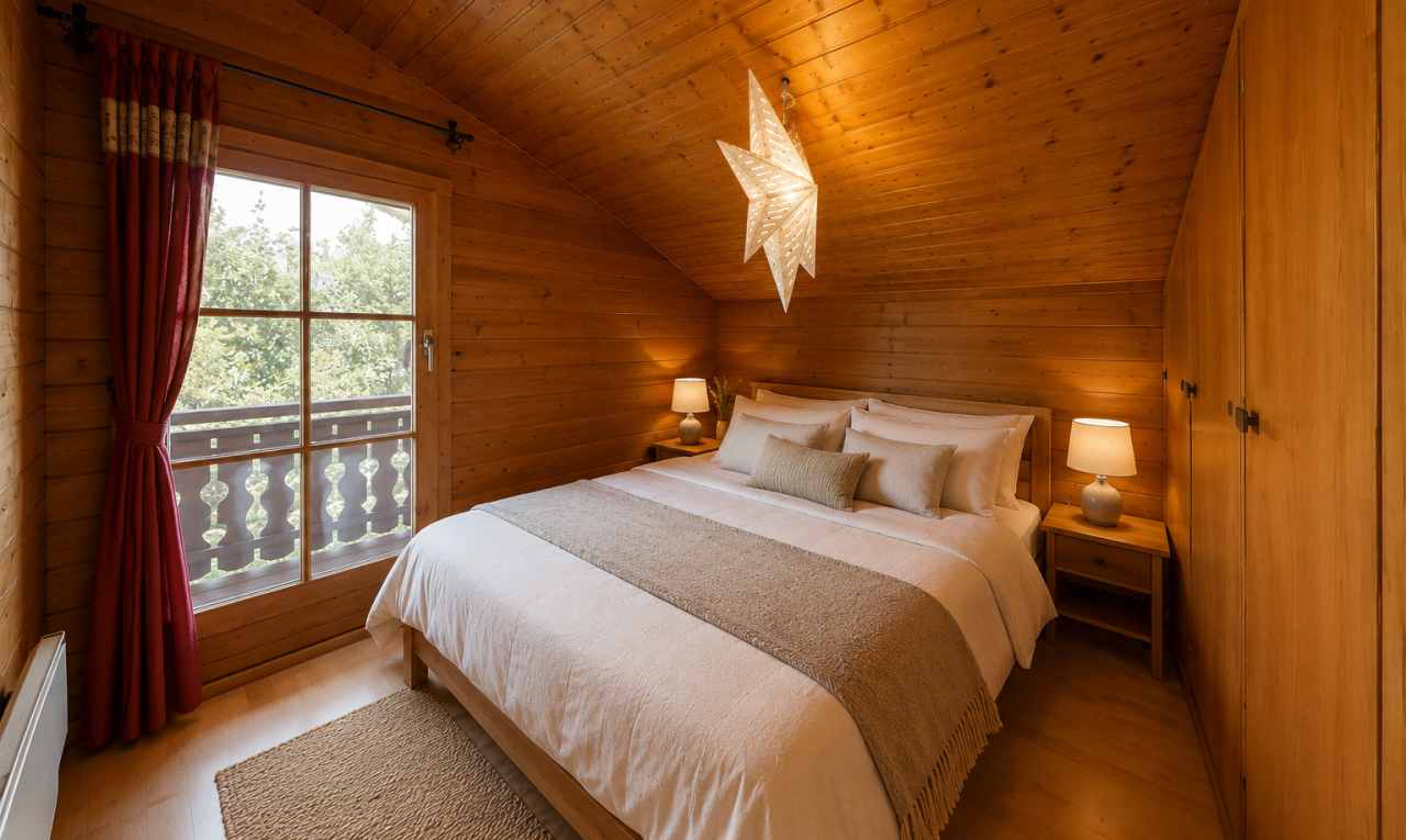 chambre avec plafond voûté, vaulted ceiling, mur en bois, wood wall, et dated wood wall